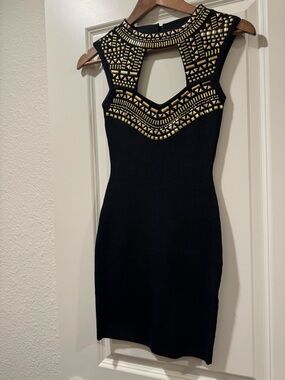 bebe Black Mini Dress with Gold Studded Neckline